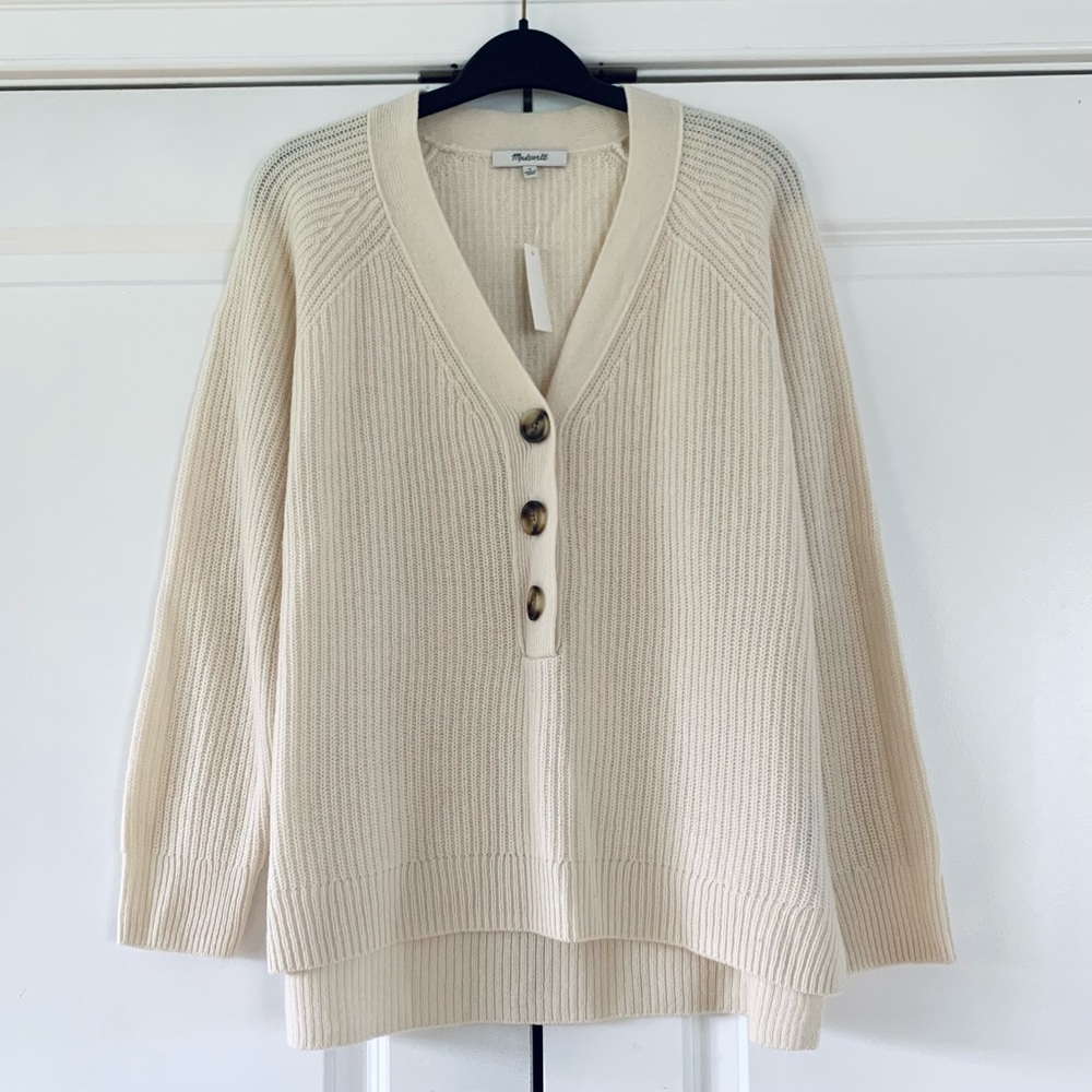 Madewell Sweater Lyle Cream Henley Pullover Merino Wool Ribbed Knit Size Small